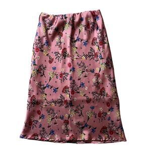 FORGOTTEN GRACE Printed Pull-On Satin Midi Skirt Mauve Pink Floral Size M
